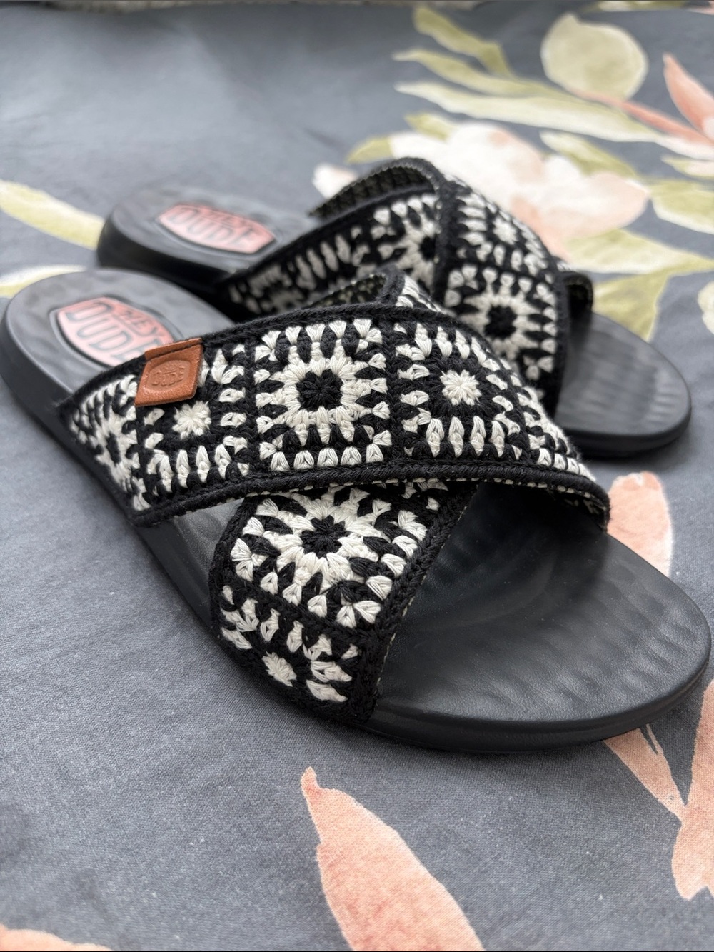 Hey Dude Black & White Crochet Slide Sandals